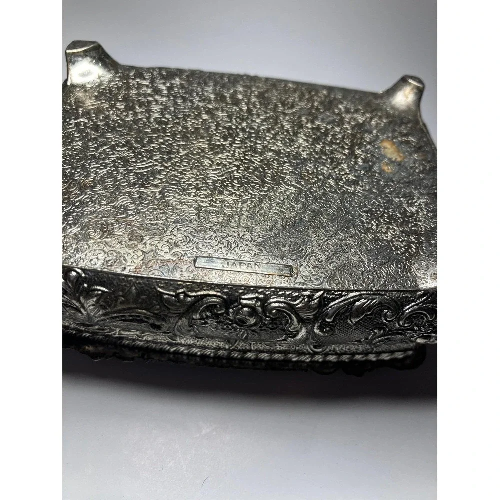 Vintage Japan Ornate Silver Tone Jewelry Trinket Box Victorian Courting Velvet
